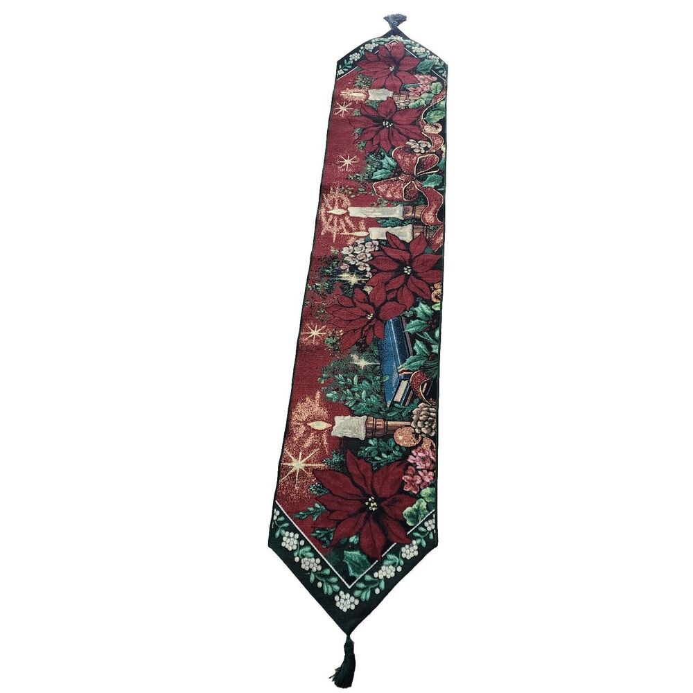 Evensolitude Tapestry Table Runner Holiday Green Red Candles Poinsettias 13”X72"